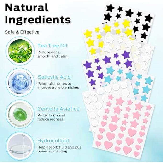 STRBOXONG PIMPLE PATCHES FOR FACE, CUTE PIMPLE PATCHES STARS, COLORFUL HYDROCOLLOID ACNE 271PATCHES 6 SIZES WITH SALICYLIC ACID, TEA TREE & CENTELLA OIL (ROUND,STAR,PEACH SHAPES) - Image 2